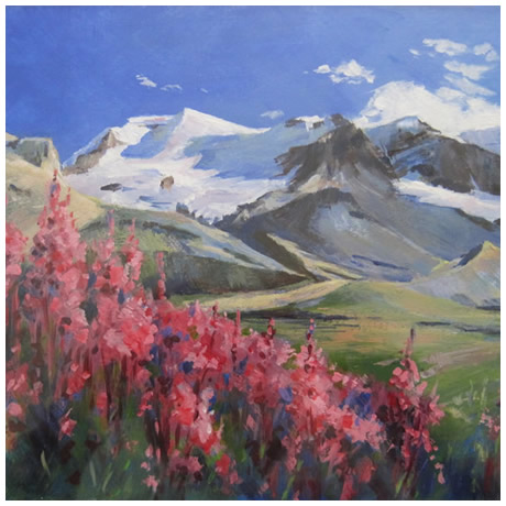 Mountains and pink Bay Willow Herb - Acrylic